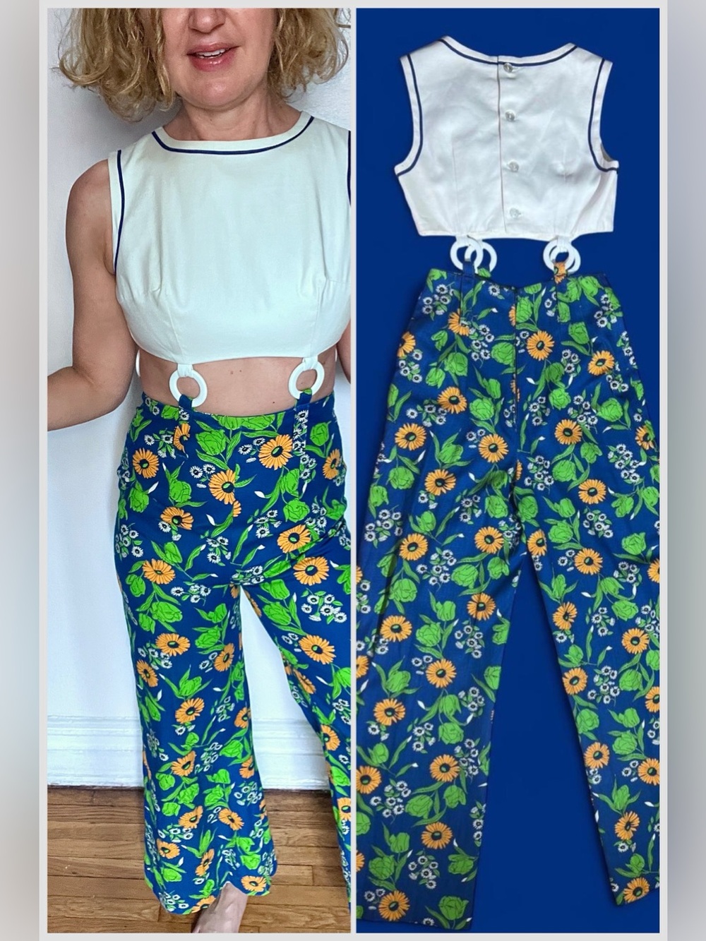 O-Ring Cut-Out Jumpsuit 60s/70s Sunflower blue, yellow, white an amazing piece!